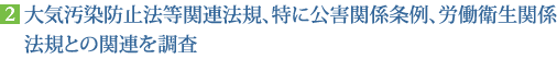 2.大気汚染防止法等関連法規、特に公害関係条例、労働衛生関係法規との関連を調査